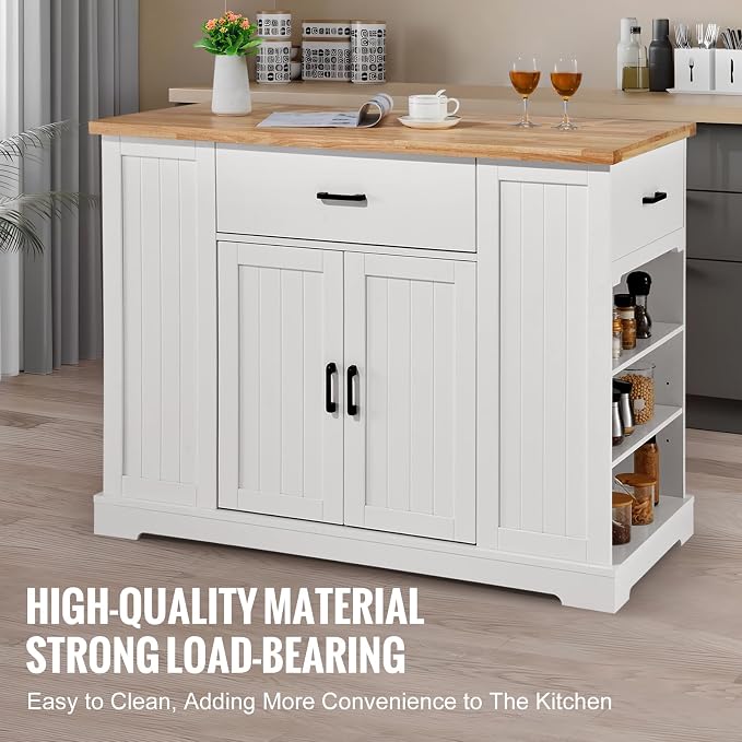 VEVOR 46" Wood Top Breakfast Bar with Storage Cabinet, Farmhouse Kitchen Table with Adjustable Shelf, Drawer, for Dining Kitchen Living Room, White