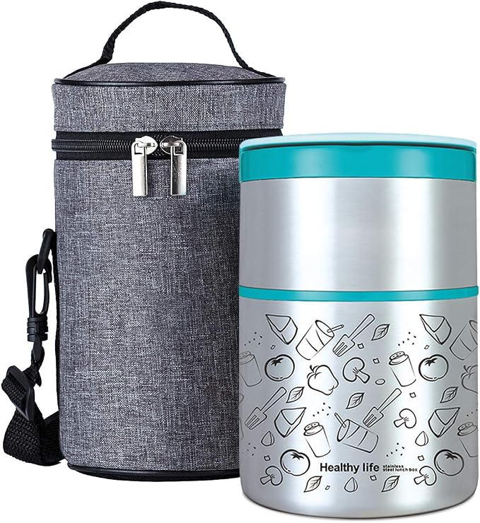 Lille Home 2 Tier Vacuum Insulated Stainless Steel Thermal Lunch Box,32OZ | 2 Tier Bento Food Container with Lunch Bag, Leakproof Wide Mouth Bento Box for Cold/Warm Food, Portion Control, Blue