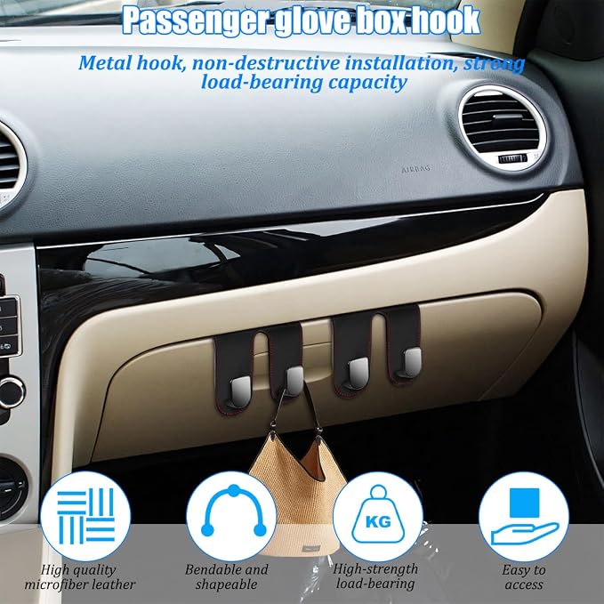 Car Co-Pilot Glovebox Hook, Dual Hook Passenger Seat Glovebox Hanger Organizer for Purse Handbag Umbrella, Automotive Interior Glove Box Hanging Storage Holder, Universal Fit (Black)