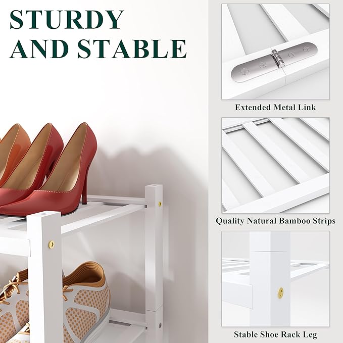 Smiry Bamboo Shoe Rack for Closet, 4 Tier Wooden Shoe Organizer, Stackable Wood Shoe Storage Shelf for Entryway, 14 Vertical Slats, 2+2 Stack Heavy-Duty Legs, 26.77"x11.02"x25.98", White