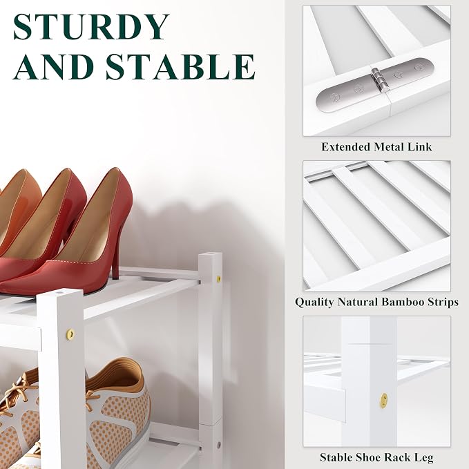 Smiry Bamboo Shoe Rack for Closet, 2 Tier Long Wooden Shoe Organizer, Stackable Wood Shoe Storage Shelf for Entryway, 14 Vertical Slats, One-piece Heavy-Duty Legs, 33.86"x11.02"x12.99", White