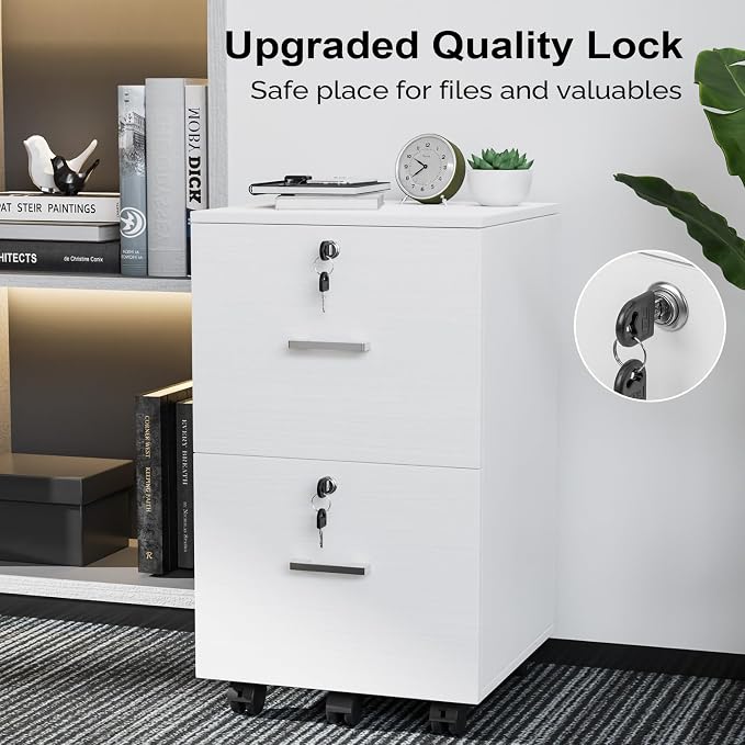 VINGLI 2 Drawer File Cabinet with Lock, Wood Grain White File Cabinets for Letter Size File Folders with Tabs, Mobile Under Desk Filing Cabinets for Home Office, Rolling Filing Cabinet Printer Stand