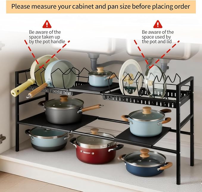 Pots and Pans Organizer Under Cabinet, Expandable Pots Organizers Inside Cabinet, Adjustable Height Under Sink Shelf 2 Tier with 10 Dividers Under Cabinet Shelf, Pot and Pan Lid Holder Rack (Black)