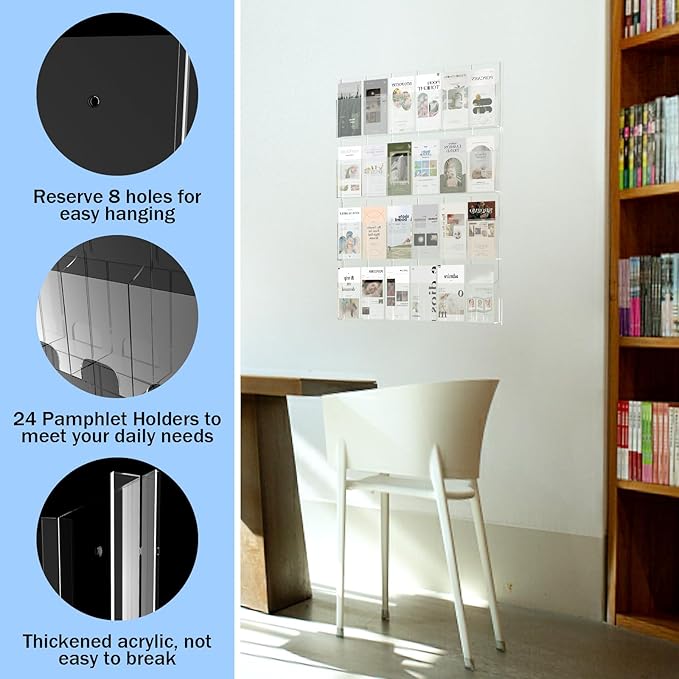 Acrylic Brochure Pamphlet Holder, 24 Clear Wall Mount Display Holders, Trifold Flyer Rack, Literature Storage Rack for Home, Offices, Waiting Room