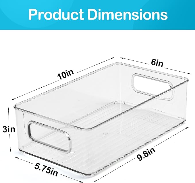 LotFancy Refrigerator Organizer Bins, 4 Pack,10x6x3 in, BPA Free Clear Plastic Storage Bins for Pantry Organization, Stackable Containers with Handles for Fridge, Kitchen Drawer, Freezer, Cabinet