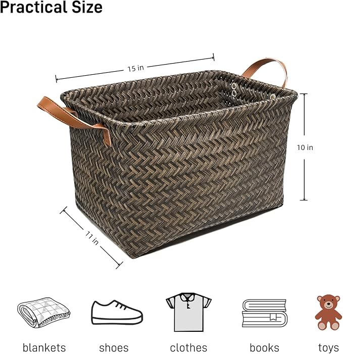 GIB Wicker Woven Storage Baskets for Organizing Blankets Laundry Shelves | Clothes Hamper, Large Closet Storage Bins Organizer, Living Room Toys Shoes Organization, Plastic Rattan, Espresso, 4 Pack