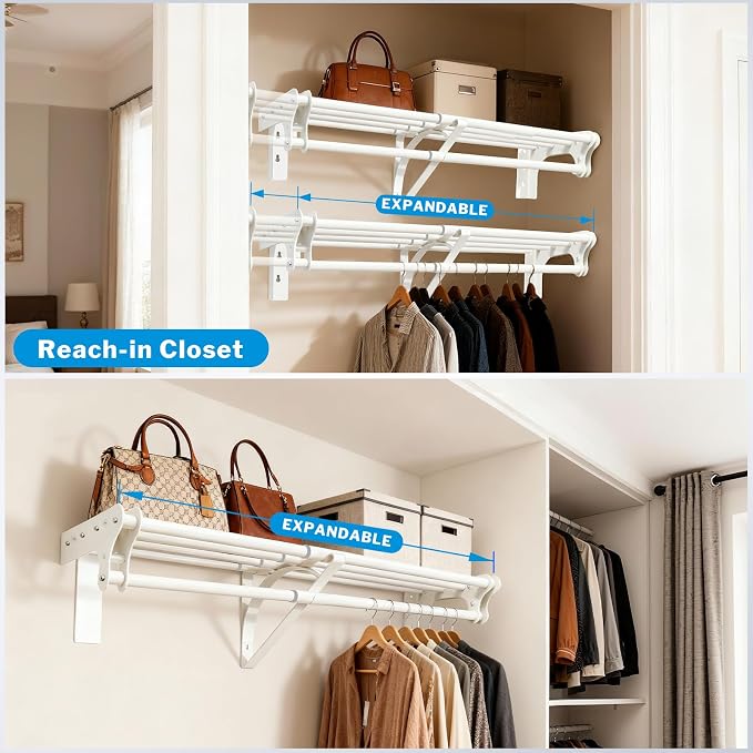 Steel Closet Shelf with Hanging Rod, 28-48'' Expandable Closet Shelves | Back Wall & Side Wall Mounted, Heavy Duty Storage Rack Holds 220 lbs, Adjustable DIY Closet Rod with Shelf Divider Separator