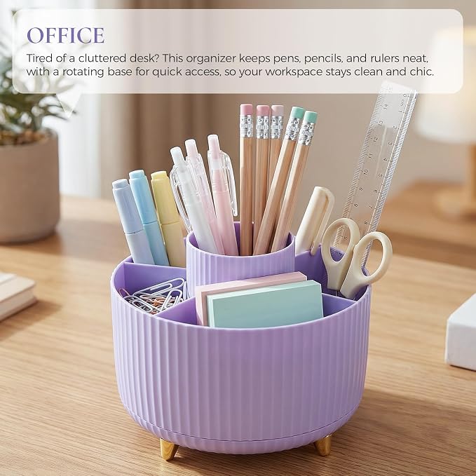 KONVINIT Pencil Pen Holder for Desk, 5 Slots 360-Degree Rotating Desktop Organizer, Cute Desk Organizers and Accessories for School, Home, Office and Art Supply, Purple