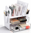 LALOBLUE Acrylic Desk Organizer with Drawer and Vertical File Holder, Desk Organizers and Accessories, Multi-Functional Office Supplies Organizer for Home or Work Desk, White