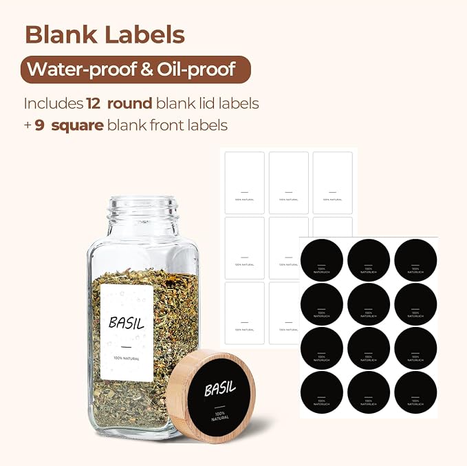 ComSaf Glass Spice Jars with with Labels 8 oz 6 Pack Bamboo Lids | Empty Containers, Seasoning Herb Powder, Salt Pepper Chili, Spice Rack Organization, Kitchen Cabinet Storage, Funnel Included