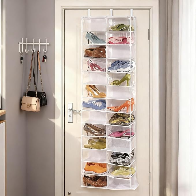 Hoodie Sweatshirt Storage Organizer, Over the Door Sweatshirt Organizer, 26-Pocket Clear Holder, Pockets Wall Shoes Bag, Portable Closet Wardrobe,63"L X 22"W X 6.3"H,Cabinet Behind The Doors (Yellow)