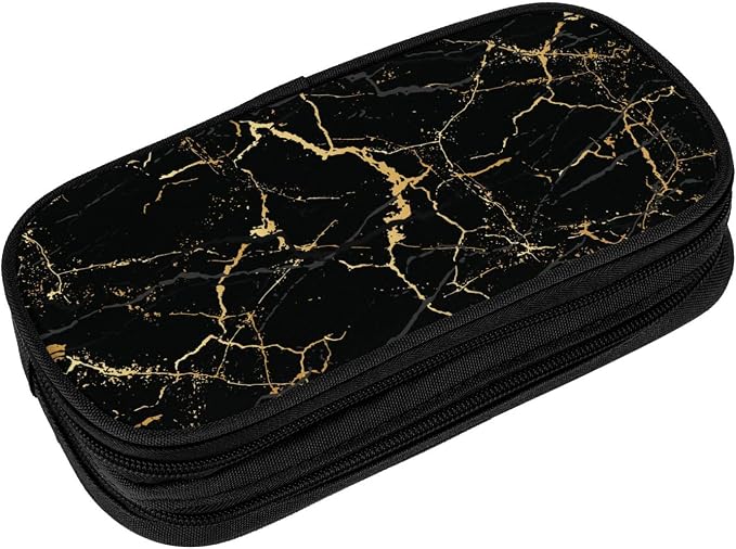 Perinsto Black And Gold Marble Texture Pencil Case Big Capacity Multi Compartment Stationery Box Pencil Pouch Holder Desk Organizer For School Office Home