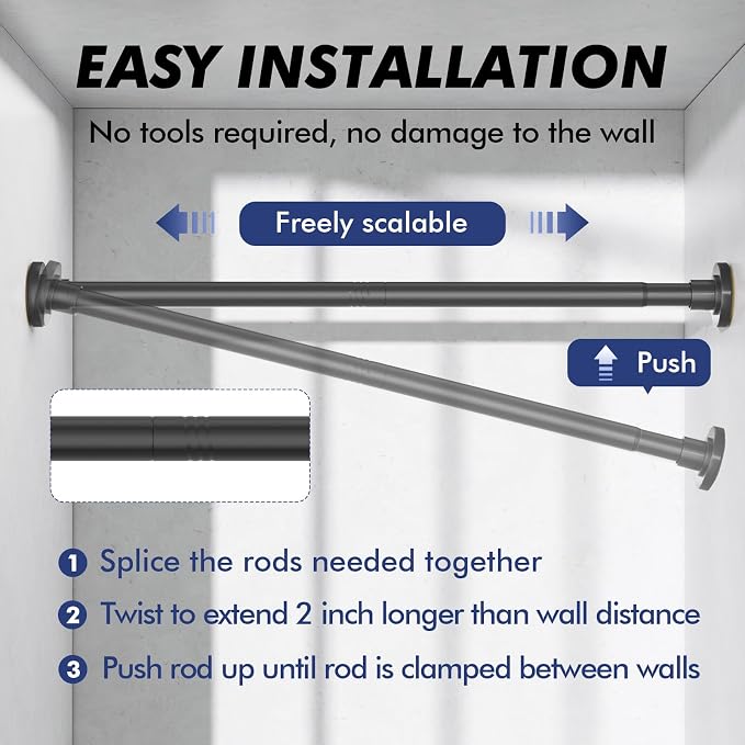 Black Shower Curtain Rod Tension 30 to 80 Inch,1 Inch Diameter Adjustable Tension Curtain Rod No Drilling,Shower Rods for Bathroom,No Rust