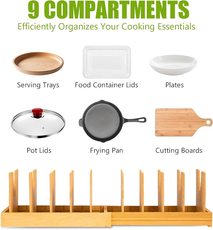 Pots and Pans Organizer for Under Cabinet - Expandable Bamboo Pot Lid Organizer, Pan Organizers inside Cabinet, Drawer Pot Lid Holder Rack for Kitchen Organization and Storage