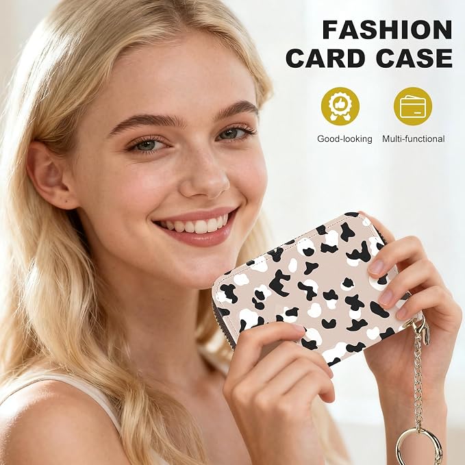 Credit Card Holder for Women,Small Rfid Wallet with Keychain Zipper,Cute PU Leather Card Case Wallet，Accordion Credit Card Wallets Gift,Leopard Print C
