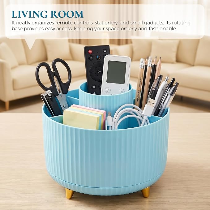 KONVINIT Pencil Pen Holder for Desk, 5 Slots 360-Degree Rotating Desktop Organizer, Cute Desk Organizers and Accessories for School, Home, Office and Art Supply, Blue