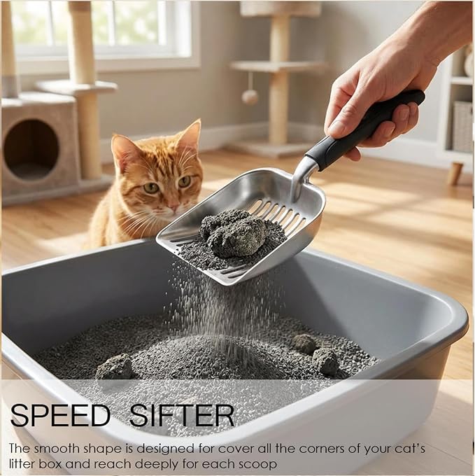 4-in-1 Cat Litter Scoop with Holder, Metal Litter Scoop Includes Portable Small Broom and Dustpan Set, Heavy Duty Stainless Steel Kitty Scooper, Quick Sift and Easy Clean