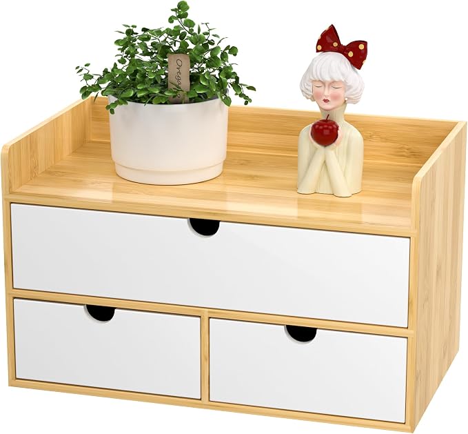 Bamboo Desk Organizer with Drawers, Desktop Storage for Office Supplies | 3 Drawers Desktop organizer, No Assembly Required, Natural Wood Wooden Desktop Drawers Box for Bills, Cosmetics, Seals, Paper