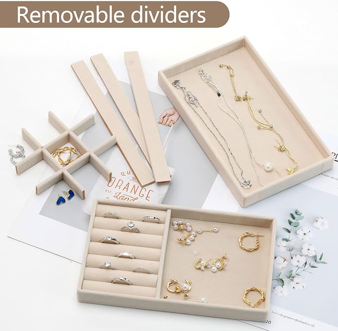 Set of 4 Beige Stackable Jewelry Trays, Jewelry Drawer Organizer Inserts | Jewelry Organizer Trays for Drawer, Jewelry Display Tray Storage with Removable Dividers for Earring Ring Necklace Bracelet