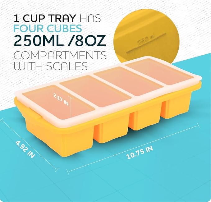 Silicone Freezer Tray With Lid-Soup Freezer Container molds-Large Ice Cube Tray Set Makes 1-Cup & 2-Cup portions cubes Perfect for preparing meals in different portion sizes Oven & Dishwasher -Safe