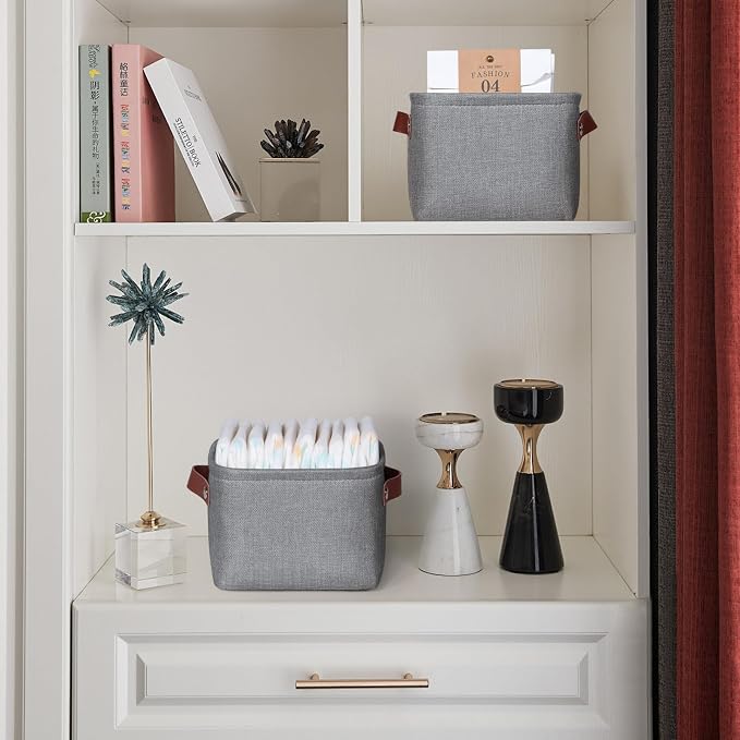 Small Fabric Storage Bins, Mini Storage Cubes, 7.8x6.7x5.9 inch | Decorative Storage Basket, Collapsible Storage Organizer, with Handles, For Desk Shelves Makeup, 4-Pack, Grey