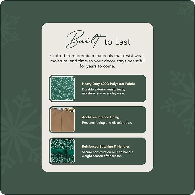 Covermates Keepsakes Adjustable Ornament Storage Bag – Heavy-Duty Polyester, Padded Dividers & FlexGrid Trays – Protective Holiday Ornament Organizer with Handles & Label Window, Green Snowflake