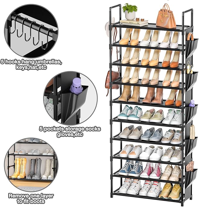 LUKYTOWER Tall Shoe Rack - 10 Tier Shoe Organizer 30-35 Pairs Boot Storage | with 5 Hooks, Pocket & Sturdy Large Vertical Shoe Shelf Stand Tower, Closet, Entryway, Bedroom, Garage, Free Standing