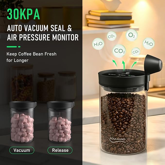 Vacuum Coffee Canister,1.6L Electric Airtight Glass Coffee Container | Auto Vacuum Seal Lid with Touch Screen, Airtight Freshness for Coffee Beans,Grounds,Food Safe,17oz