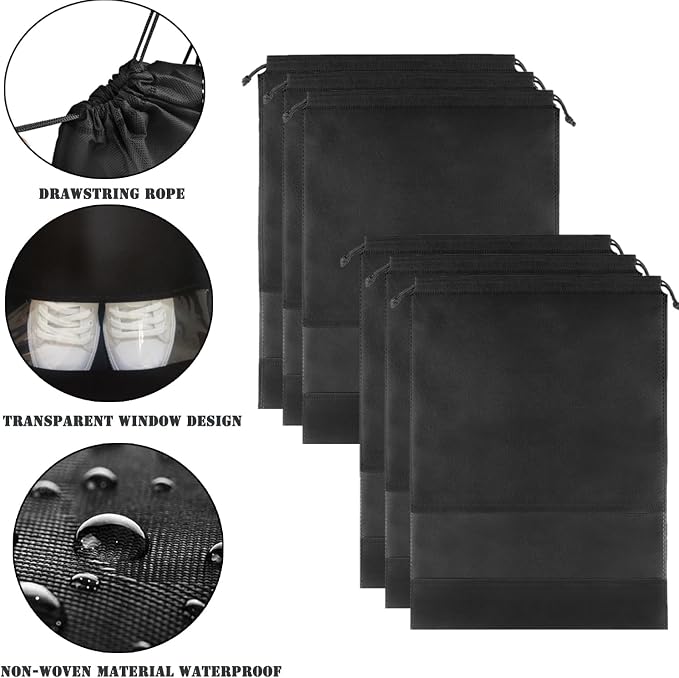 YMCCOOL 12pcs Non-woven Shoe Bags for Travel 12.6" X 17.3" Portable Shoe Bags with Clear Window, Large Drawstring Dustproof Travel Shoe Storage Bag for Men & Women, Black,XL Size
