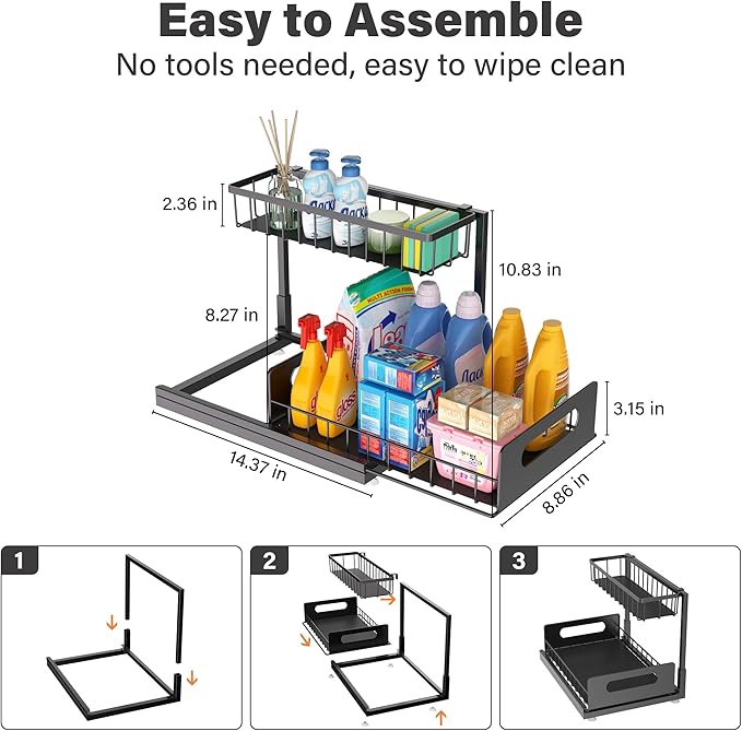 Under Sink Organizer 2 Tier, Pull Out Drawer Slides Under Sink Storage for Bathroom Kitchen,Multi-Purpose Drawer Under Cabinet Organizer for Cleaning Supplies (Black, 2 Pack)