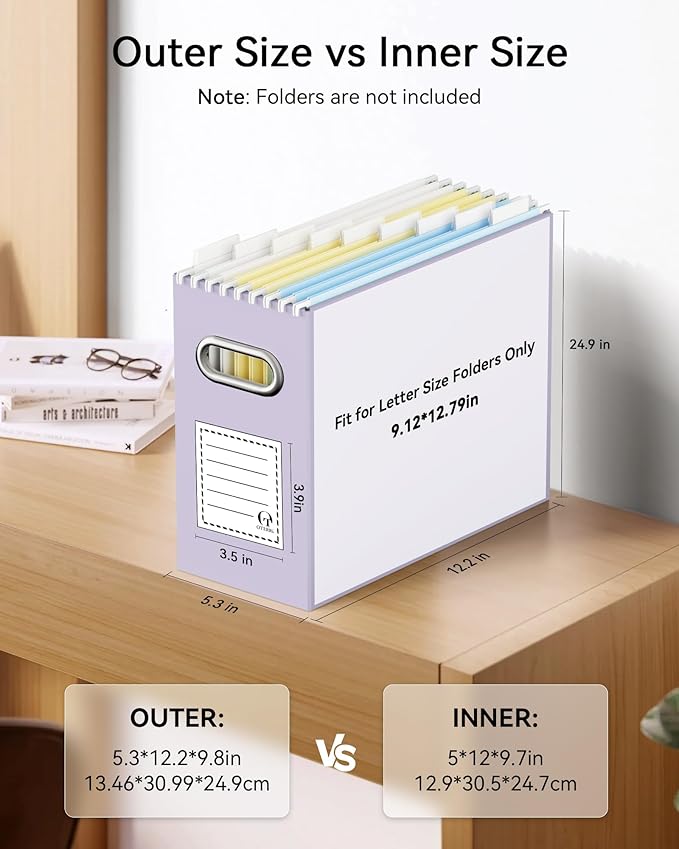 Oterri File Organizer Box, Portable Collapsible Cardboard File Folder Organizer with Handle for Letter Size Hanging Files, Document Storage Box for Home Office & Classroom (2 Packs, Purple)