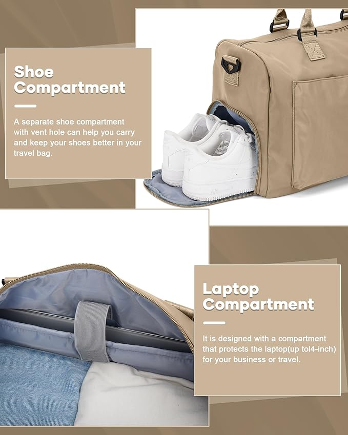 Gym Bag for Women Men Duffle Bags for Travel with Shoe Compartment Shoulder Weekender Overnight Carry on Tote Bags for Airplane Beach Bag Workout Yoga Sport Swimming Khaki