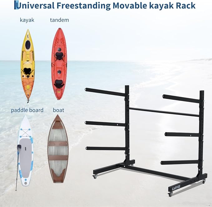 Freestanding Kayak Storage Rack with Wheels, Adjustable Kayak Racks for Garage and Outdoor, Heavy Duty Kayak Stands for Canoes, Kayaks, SUP and Surfboards