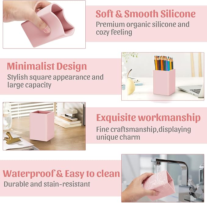 Pen Holder for Desk,Nordic Elegance Square Silicone Pencil Holder Soft Minimalist Desk Pen Cup Stand Waterproof Multifunctional Office Supplies for Home,Kids and School(Pink)