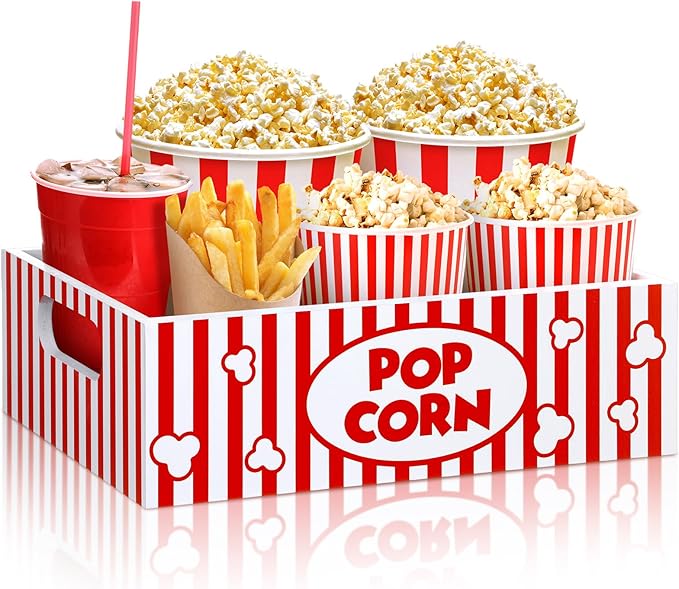 Movie Night Supplies Snack Trays with Handles Reusable Wooden Movie Gift Basket for Theater Popcorn Bucket Bowl Box Container Family Room Decor(Striped)