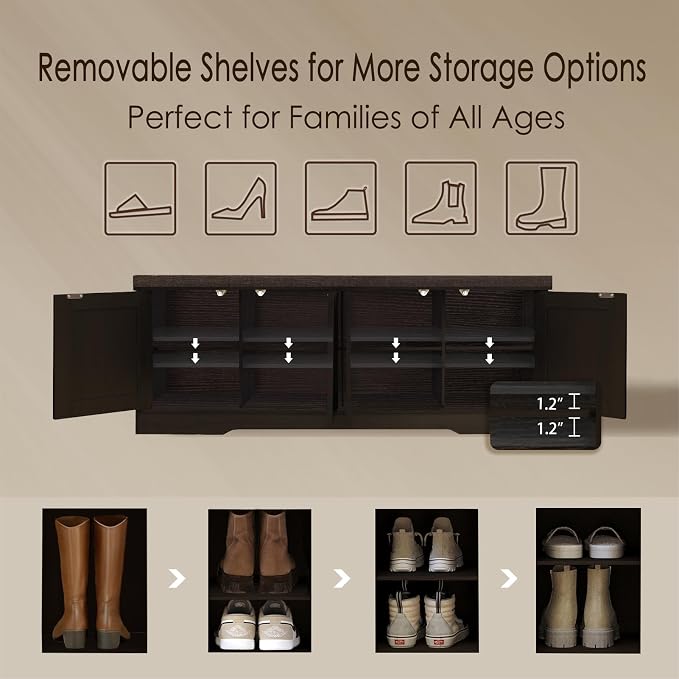 DINZI LVJ Shoe Bench, Entryway Storage Bench with Doors, Cushion, 2-Tier Shoe Rack with 8-Cubby, 47.2”L x 13.8”W Shoe Organizer Cabinet, Adjustable Shelf, Living Room, Bedroom, Espresso