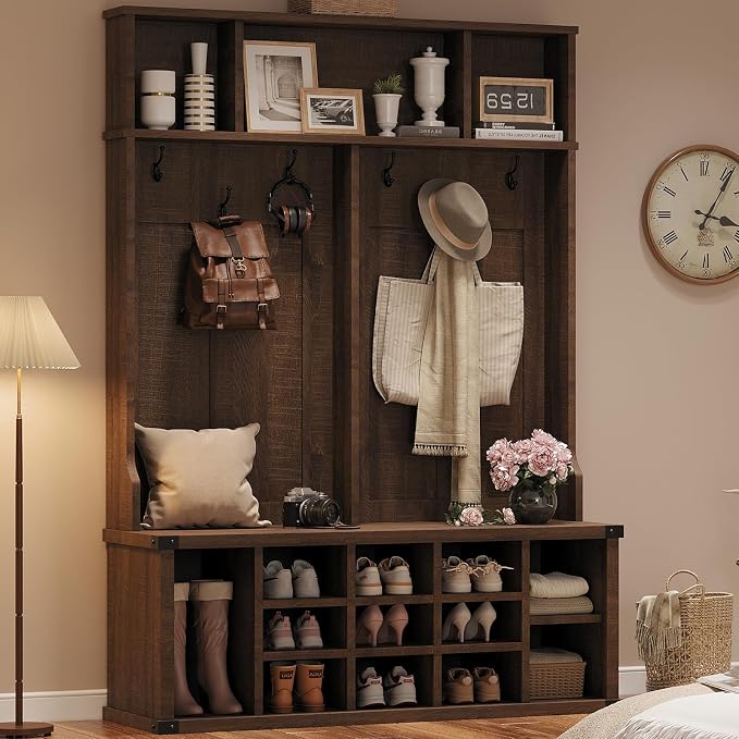 Garvee Farmhouse Entryway Hall Tree with Bench, Shoe Storage & Coat Rack | Large 5-in-1 Mudroom Storage w/ 6 Tri-Hooks & Seating, 13 Cubbies & Adjustable Shelf, Metal Corner Protctor, Rustic Brown