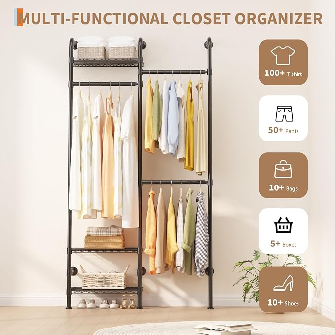 Garvee L2 Wall Mounted Pipe Closet System, Matte Black | Carbon Steel, Expandable Rods 23.62-35.43 in, 3 Wire Shelves, Closet Organizers and Storage
