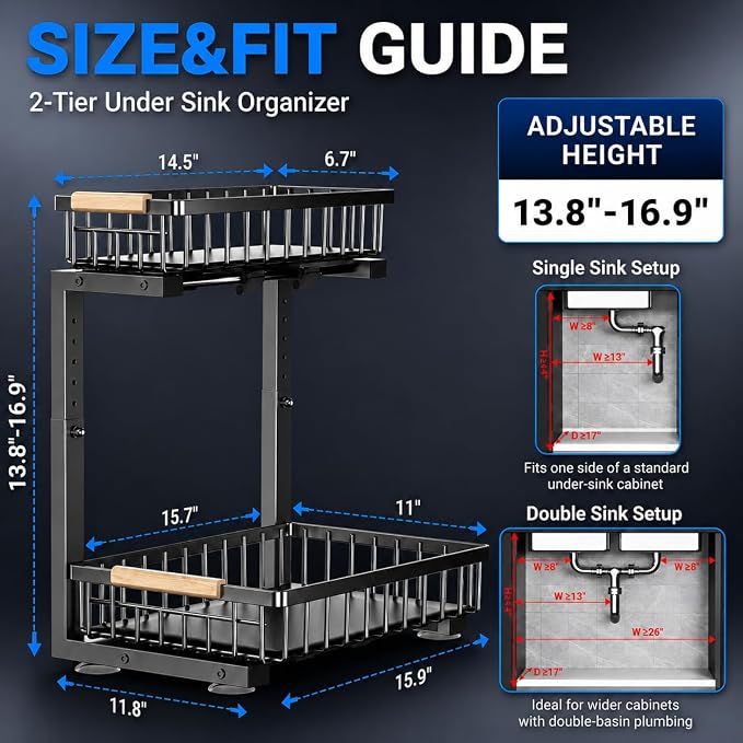 Under Sink Organizer, Pull Out Kitchen Storage Cabinet Organizer, 2-Tier Metal Slide Out Shelf for Bathroom Laundry Kitchen Storage with Drawers, 11.8"W x 15.9"D x 13.8-16.9"H, Black, 2 Pack