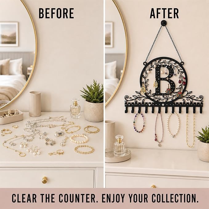 Wall-Mounted Metal Initial Letter B Earring Holder Hanging Jewelry Organizer for Earrings and Necklaces Space-Saving Wall Display with Hooks for Jewelry Storage