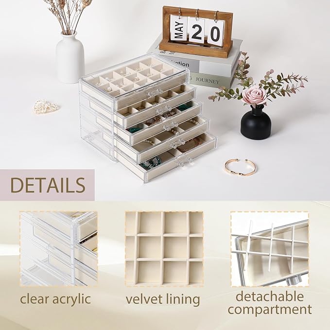 CLUQMEIK Acrylic Jewelry Organizer Box with 5 Drawers, 50 Grids Clear Earring Box Organizer with Adjustable Velvet Trays, Jewelry Storage Organizer for Women Girls, Beige