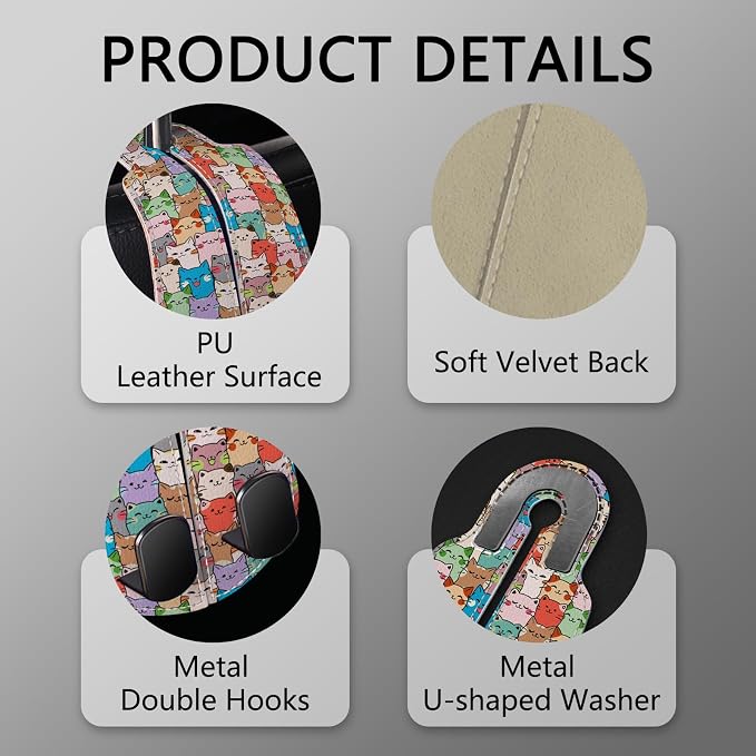 Blusabaca 2PCS Car Seat Headrest Hooks, Purses Bags Holder, Cute Cats | PU Leather, Double Metal Back Storage Hangers for Grocery Bags Handbags Bottles Coats Phones, Car Accessories Organization