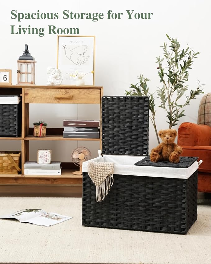 SETVSON Storage Basket with Lid Rattan Storage Basket with 2 Separate Lid, 27.8 Gallon (105 L) 25.2 * 15.4 * 16.1 Inches Woven Wicker Baskets with 2 Liners and Handles for Bedroom Laundry Black