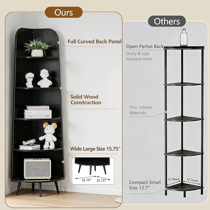 VECELO 5-Tier Curved Corner Shelf, 66.93" Tall Freestanding Corner Bookshelf, Wood Grain Narrow Corner Storage Display Rack with Wooden Legs for Living Room Bedroom Small Space, White