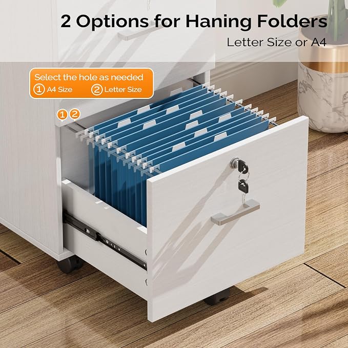 VINGLI 2 Drawer File Cabinet with Lock, Wood Grain White File Cabinets for Letter Size File Folders with Tabs, Mobile Under Desk Filing Cabinets for Home Office, Rolling Filing Cabinet Printer Stand