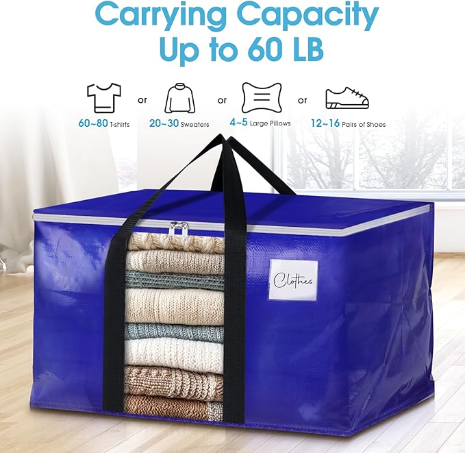 BlissTotes 2 Pack Moving Bags with Clear Window, Storage Bags with Strong Carrying Handles & Zippers,Large Packing Bags for Saving Space, Alternative to Moving Boxes(Blue,20 Gallon)