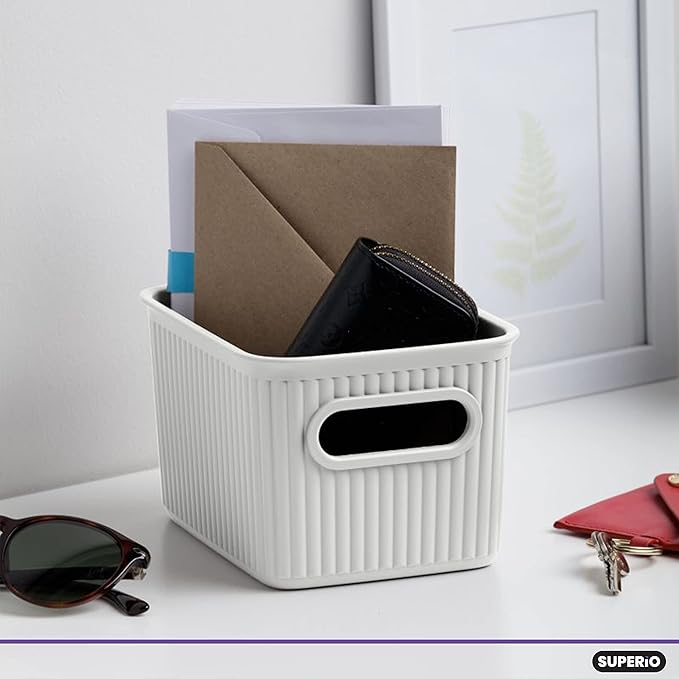 Superio Ribbed Collection - Decorative Plastic Basket Open Home Storage Bins Organizer, Small White (6 Pack) Container Boxes for Organizing Closet Storage Bins for Shelves Drawer Shelf 1.5 Liter