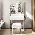 Small Makeup Vanity Desk with Mirror and Lights, Vanity Table Set with Storage Drawer & Open Shelves, 3 Lighting Colors, Adjustable Brightness White Makeup Vanity with Stool (Style A)
