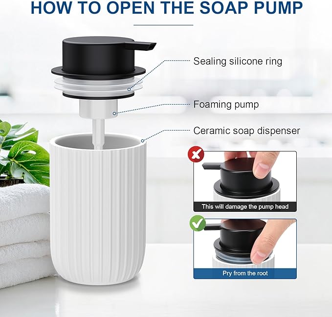Ceramic Foaming Soap Dispenser, 12 oz Bathroom Foam Hand Soap Dispenser, Refillable Lotion Soap Dispenser with Removable Pump for Kitchen Hand Wash Dispenser, Modern Home Decor(2Pack-White)