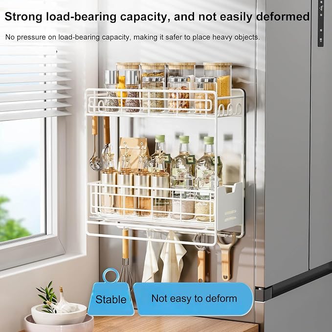 Magnetic Shelves for Fridge with Sliding Shelf, White Magnetic Spice Rack for Refrigerator, Magnetic Refrigerator Side Shelf with 5 Hooks, Magnetic Hanging Shelf for Laundry Room